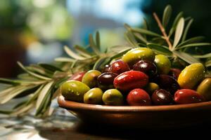 ai generado clasificado aceitunas Fruta con hojas en de madera plato foto