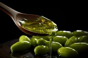 AI generated Olive Oil Poured from a Spoon on Dark Background photo