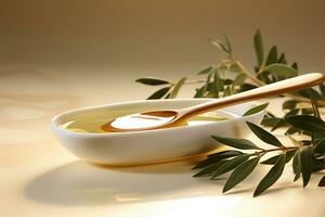 AI generated Olive Oil in Small Bowl with Spoon on Bright Background photo