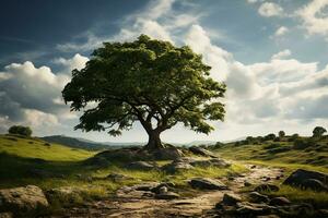 ai generado naturaleza paisaje con lozano árbol en verde prado foto