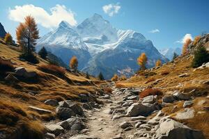 AI generated Nature Landscape with Rocky Mountain in Autumn Fall Season photo