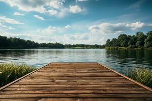 ai generado de madera puente en el lago con naturaleza paisaje en soleado día foto