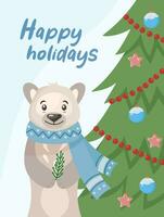 Holiday concept. New Year's bear at the Christmas tree. Portrait of a bear. Happy Holidays. Greeting concept. Ideal for print, postcard or label. New Year card. Vector illustration.