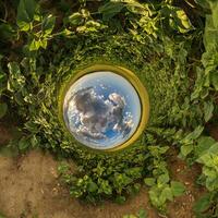 blue hole sphere little planet inside green grass round frame background photo