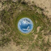 blue hole sphere little planet inside green grass round frame background photo