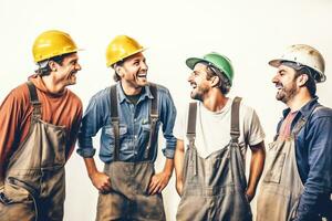 AI generated Group of professional workers in hard hats, white background isolate. photo