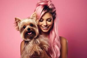 ai generado un hermosa joven mujer sostiene un Yorkshire terrier en su brazos, de cerca. rosado fondo, degradado. de moda niña y su mascota. publicidad de mascota comida y aseo servicios. perro foto