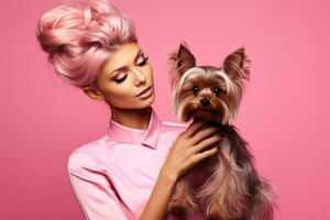 AI generated A stylish young woman is holding a Yorkshire terrier in her arms, who is looking at the camera. Close-up. Pink background, gradient. Advertising of grooming services or pet food. Dog photo