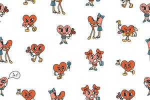 Valentine's Day seamless pattern with groovy style elements. Vector pattern in retro style of the 70s, 80s. Cute heart characters. Vector illustration. Vector illustration