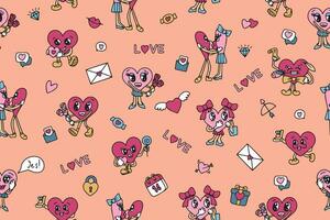 Valentine's Day seamless pattern with groovy style elements. Vector pattern in retro style of the 70s, 80s. Cute heart characters. Vector illustration. Vector illustration