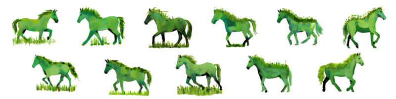 ai gegenereerd een groep van groen kleur tekening paard Aan transparant achtergrond png