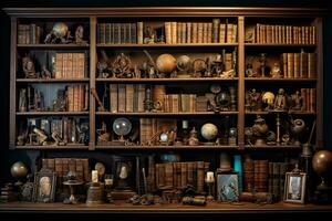 AI generated Antique bookshelf with old books and tools in the library, AI Generated photo