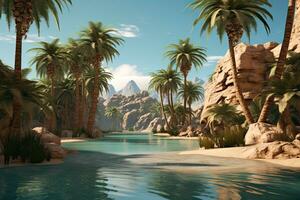 AI generated Fantasy landscape with palm trees and lake. 3d render illustration, AI Generated photo