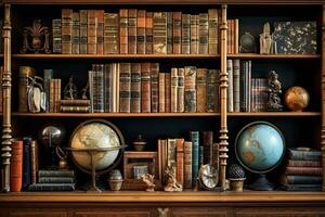 AI generated Antique bookshelf with old books and globes in a library, AI Generated photo