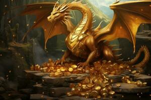 AI generated Golden dragon with golden coins on the background of the autumn forest, A fantastical scene of a majestic dragon, AI Generated photo