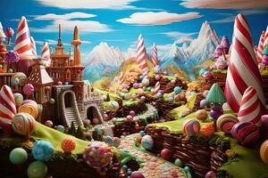 AI generated Candy land with a castle in the background - 3d render, AI Generated photo