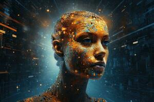 AI generated 3D rendering of a female cyborg head in cyberspace, AI Generated photo