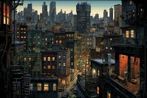 AI generated Cityscape of New York City in the evening. 3D rendering, AI Generated photo