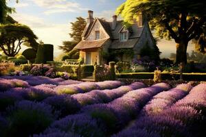 AI generated Lavender field in front of a beautiful cottage in the countryside, AI Generated photo