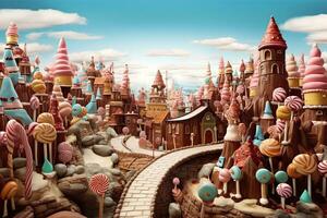 AI generated Fairytale castle with a lot of candies. 3d rendering, AI Generated photo