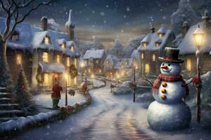 AI generated Snowman in the village at night. Winter landscape. 3D illustration, A snowy village with twinkling fairy lights and snowmen wearing scarves, AI Generated photo