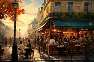 AI generated Parisian street cafe on Montmartre in Paris, France, Restaurants in Paris, France, AI Generated photo
