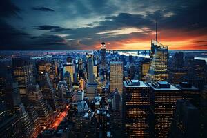 AI generated New York City Manhattan downtown skyline panorama with skyscrapers illuminated at sunset, Aerial view of a wheat field with arable land and maze, AI Generated photo