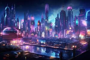 AI generated Futuristic city at night. 3D illustration. Neon lights, AI Generated photo