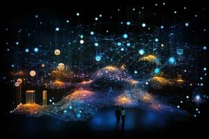 AI generated Conceptual image of businessman looking at network hologram over city, Abstract visualization of the Internet of Things, AI Generated photo