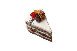 Delicious beautiful piece of cake with cream and berries photo