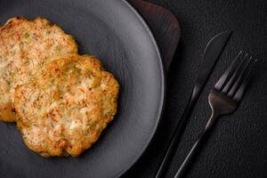 Delicious fresh fried minced fish cutlets with spices and herbs photo