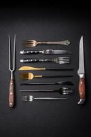 cocina cuchillo y tenedor hecho de acero con Copiar espacio foto