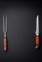 Kitchen knife and fork made of steel with copy space photo