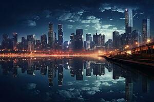 AI generated night scene of modern city with reflection in water,shanghai china, AI Generated photo