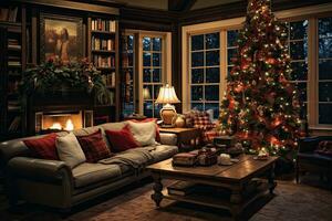 AI generated Christmas living room interior with fireplace and Christmas tree. 3D rendering, AI Generated photo