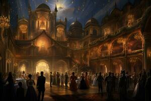 AI generated Wedding ceremony in the old city of Moscow, A magical evening at a masquerade ball, AI Generated photo