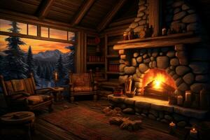 AI generated 3D rendering of a log cabin with a fireplace in the background, AI Generated photo