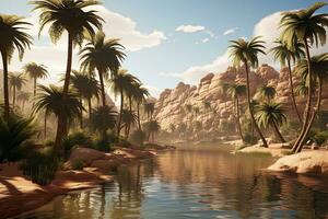 AI generated Fantasy landscape with palm trees and pond. 3D render, AI Generated photo