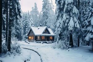 ai generado hermosa de madera casa en el bosque. invierno paisaje. tonificado, ai generado foto