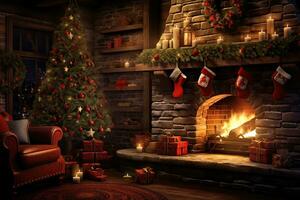 AI generated Christmas interior with fireplace and christmas tree. 3D rendering, AI Generated photo