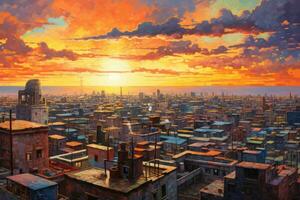 AI generated Aerial view of the cityscape at sunset. Digital painting, A cityscape during sunset with all buildings appearing colorful and bright, AI Generated photo