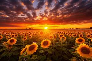 AI generated Sunflower field at sunset. Dramatic sky. Beauty world, AI Generated photo