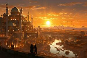 AI generated Business people standing on the bridge over the river and looking at the sunset, AI Generated photo