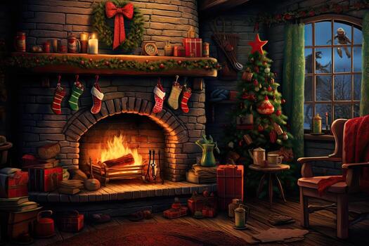 AI generated Christmas room with fireplace and christmas tree. 3D rendering, AI Generated photo