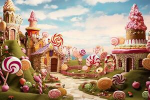 AI generated Merry Christmas and Happy New Year background. Cute houses made of different sweets and lollipops, AI Generated photo