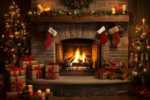 AI generated Christmas fireplace with presents and ornaments on the background of a Christmas tree, AI Generated photo