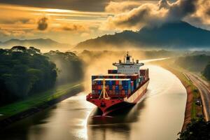 AI generated Container Cargo freight ship with working crane bridge for Logistic Import Export background, Container ship passing through the Panama Canal, AI Generated photo