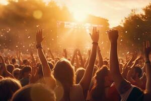 ai generado multitud aplausos a un música festival en frente de un puesta de sol cielo, multitud a un concierto - verano música festival, ai generado foto