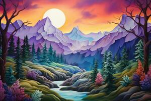 AI generated Mountain landscape with river, forest and sunset. Digital painting, A whimsical mountain landscape featuring purple mountains, evergreen trees, and grinning wildlife, AI Generated photo