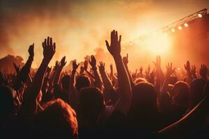 AI generated Crowd cheering at a music festival, hands raised in the air, Crowd raising hands in the air and enjoying a concert at a festival, AI Generated photo